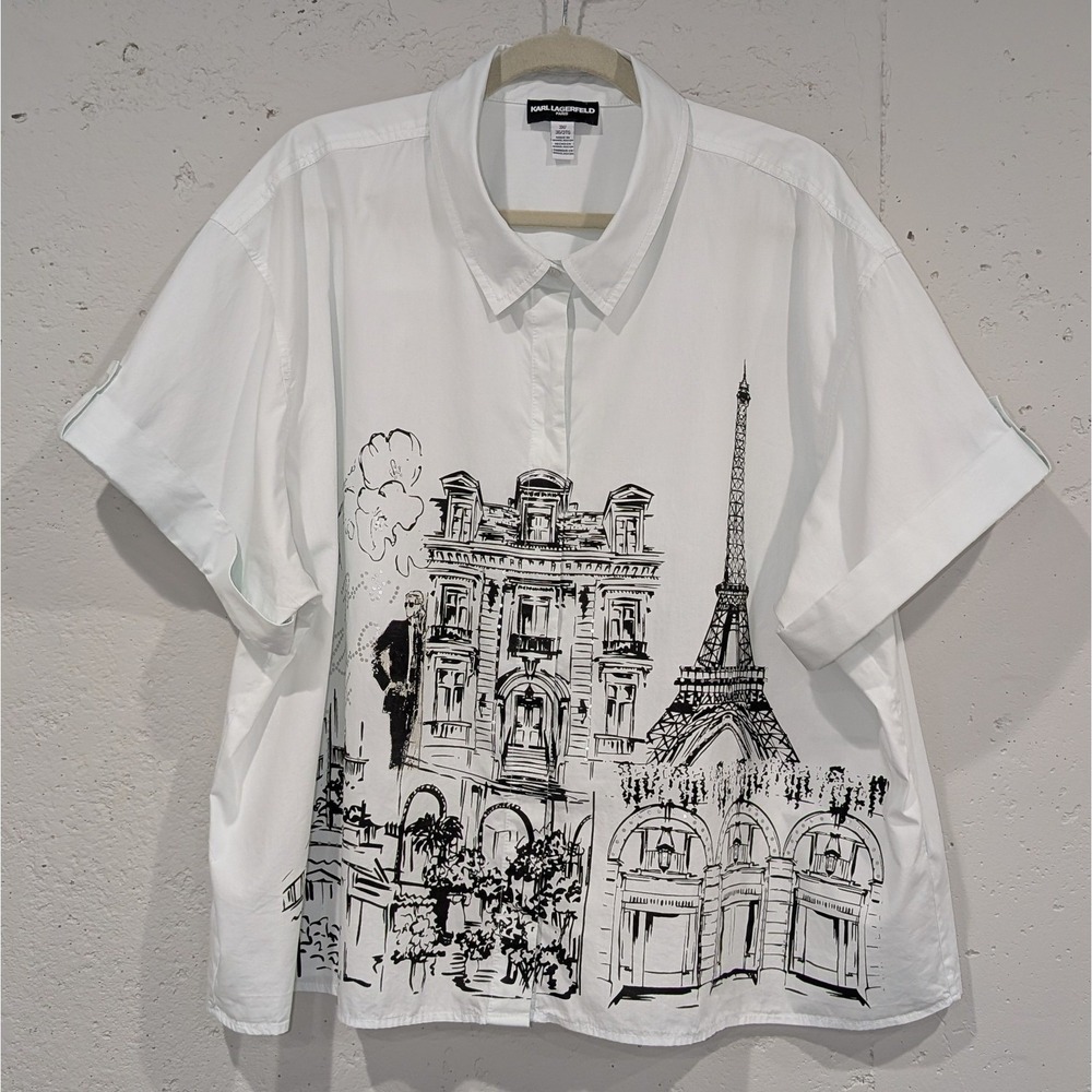 Karl Lagerfeld Paris Eiffel Tower Sketch Shirt Size 3X Embellished Boxy Artsy
